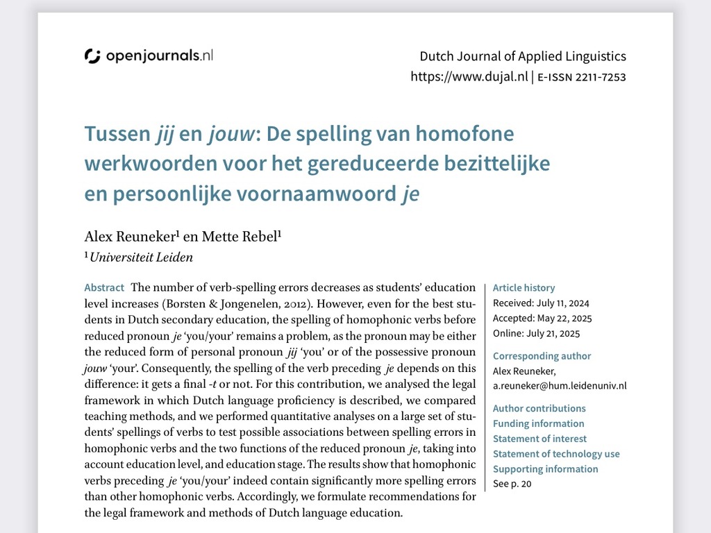 Tussen jij en jouw: De spelling van homofone werkwoorden voor het gereduceerde bezittelijke en persoonlijke voornaamwoord je